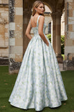 White Blue Flower A Line Printed Long Wedding Guest Dress