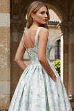 White Blue Flower A Line Printed Long Wedding Guest Dress
