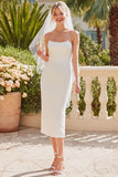 White Sheath Satin Strapless Midi Wedding Dress with Back Zipper