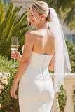 White Sheath Satin Strapless Midi Wedding Dress with Back Zipper