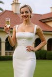 White Square Neck Satin Sheath Midi Wedding Dress with Buttons