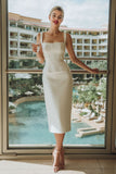 White Satin Sheath Square Neck Long Wedding Dress