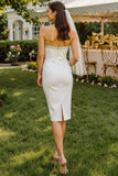 White Lace Strapless Midi Bodycon Wedding Dress with Back Zipper
