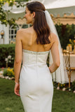White Lace Strapless Midi Bodycon Wedding Dress with Back Zipper