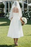 White Spaghetti Straps Midi A Line Wedding Dress