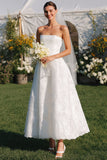 White Lace A Line Strapless Long Wedding Dress