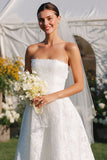 White Lace A Line Strapless Long Wedding Dress