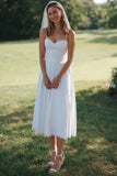 White Spaghetti Straps Lace A Line Midi Wedding Dress