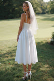 White Spaghetti Straps Lace A Line Midi Wedding Dress
