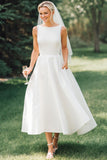 White Boat Neck A Line Midi Satin Wedding Dress
