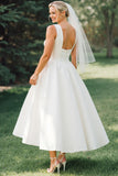 White Boat Neck A Line Midi Satin Wedding Dress