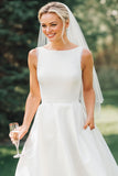 White Boat Neck A Line Midi Satin Wedding Dress
