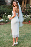 White Strapless Lace Sheath Midi Wedding Dress with Slit