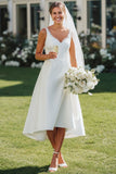 White V Neck Lace A Line Midi Satin Wedding Dress
