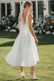 White V Neck Lace A Line Midi Satin Wedding Dress