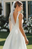 White V Neck Lace A Line Midi Satin Wedding Dress