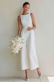 White Boat Neck Satin A Line Long Wedding Suits