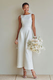 White Boat Neck Satin A Line Long Wedding Suits