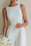 White Boat Neck Satin A Line Long Wedding Suits