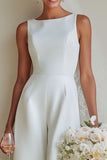 White Boat Neck Satin A Line Long Wedding Suits