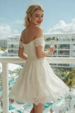 Ivory Off the Shoulder Lace A Line Midi Wedding Dress