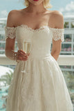 Ivory Off the Shoulder Lace A Line Midi Wedding Dress