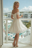 Ivory Off the Shoulder Lace A Line Midi Wedding Dress