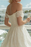 Ivory Off the Shoulder Lace A Line Midi Wedding Dress