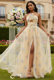 Yellow A-Line Floral Cut Out 3D Flower Long Prom Dress with Slit