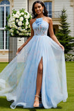 Light Blue Floral A-Line Lace Up Back Corset Long Prom Dress with Slit