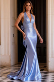 Light Blue Mermaid Beaded Halter Long Prom Dress with Bow