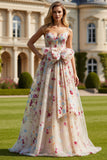 Ivory Flower A-Line Corset Lace Up Back Long Prom Dress with Bow