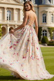 Ivory Flower A-Line Corset Lace Up Back Long Prom Dress with Bow