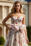 Ivory Flower A-Line Corset Lace Up Back Long Prom Dress with Bow