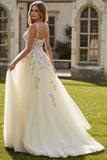 Light Yellow A-Line Spaghetti Straps Embroidered Tulle Long Prom Dress