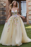 Light Yellow A-Line Spaghetti Straps Embroidered Tulle Long Prom Dress