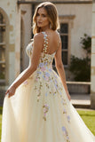 Light Yellow A-Line Spaghetti Straps Embroidered Tulle Long Prom Dress