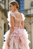 Blush Flower Ruffled A-Line Cut Out Long Prom Dress with Bows