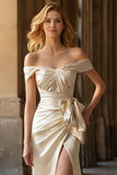 Off The Shoulder Champagne Mermaid Long Satin Prom Dress with Slit