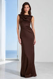 Coffee Bateau Neck Sheath Long Bridesmaid Dress