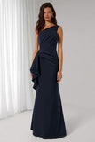 Navy One Shoulder Mermaid Long Bridesmaid Dress with Sash