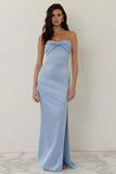 Sky Blue Strapless Sheath Long Bridesmaid Dress with Slit