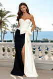 Strapless Black and White Ruched Mermaid Formal Dress