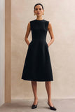 Black A Line Round Neck Midi Work Dress with Pockets