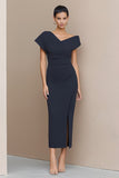 Navy Sheath V-Neck Midi Work Dress with Slit