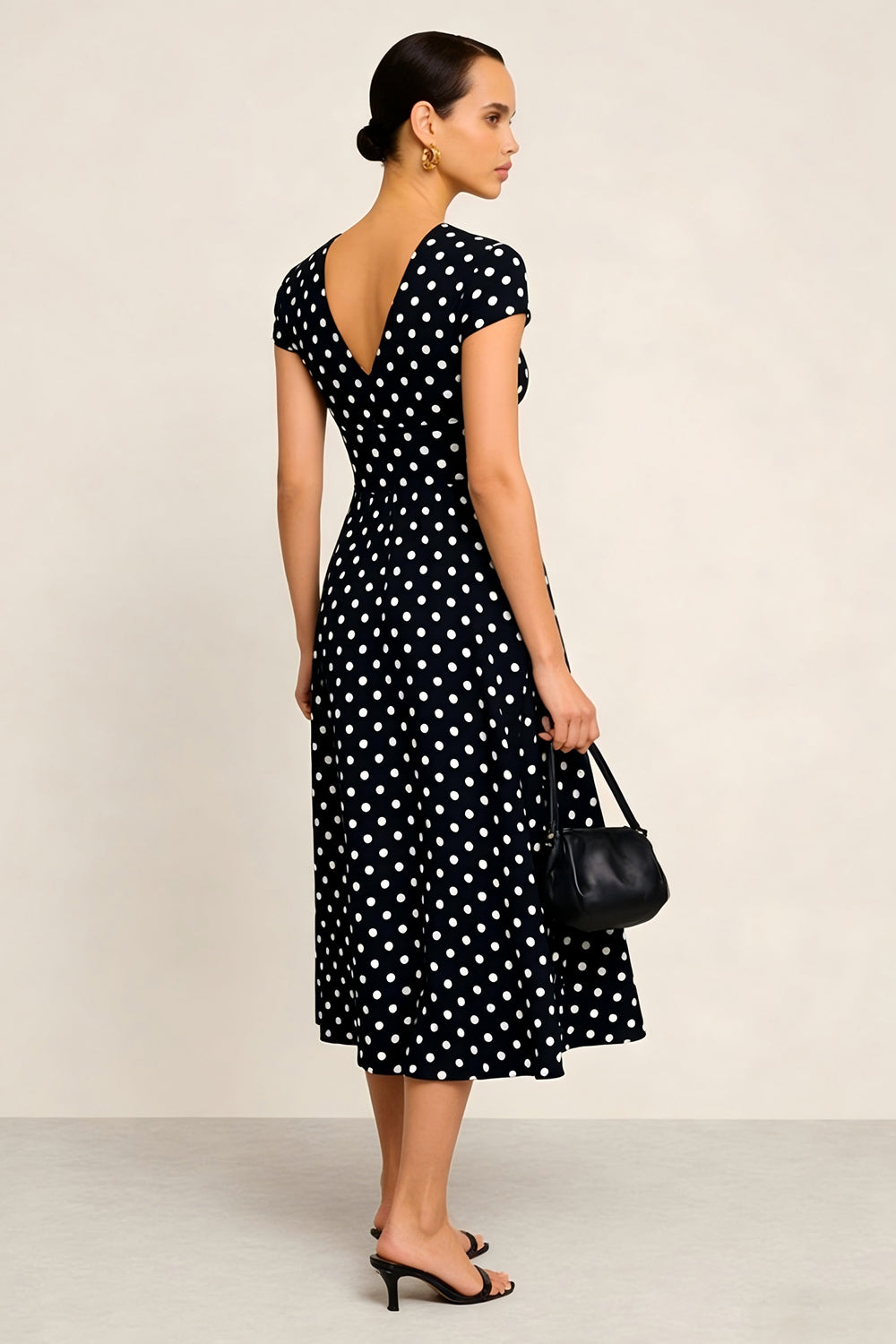 Black White Dot V-Neck A Line Midi Work Dress with Sleeves