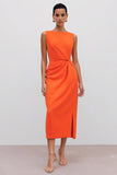 Orange Satin Bateau Neck Sheath Ruched Midi Work Dress with Slit