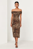 Brown Leopard Off The Shoulder Sheath Work Dress with Back Slit