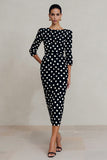 Black White Dot Bateau Neck Sheath Midi Work Dress with Sleeves