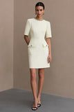Ivory Satin Round Neck Bodycon Short Work Dress with Pockets